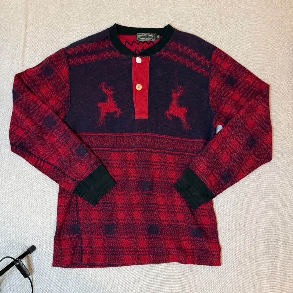 Polo Country Ralph Lauren Henley Mens M Red Black Plaid Reindeer Cotton Knit
